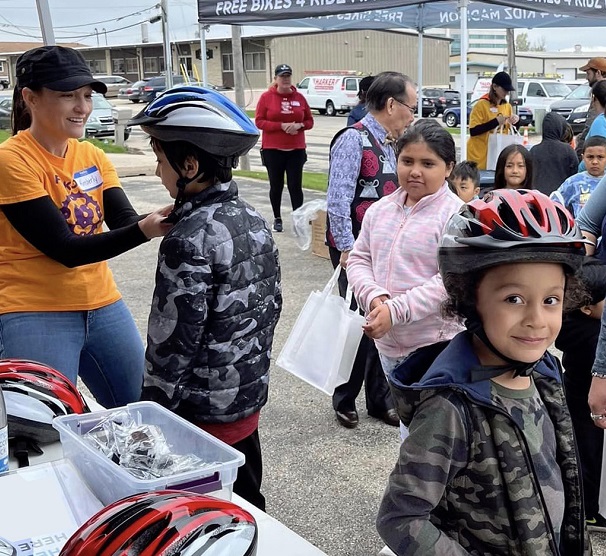 Helmet fitting happy people image